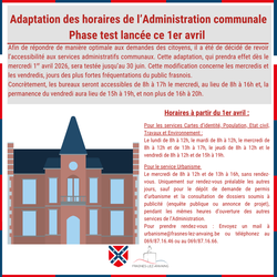 Adaptation des horaires d’accessibilité aux services administratifs : Phase test lancée ce 1er avril